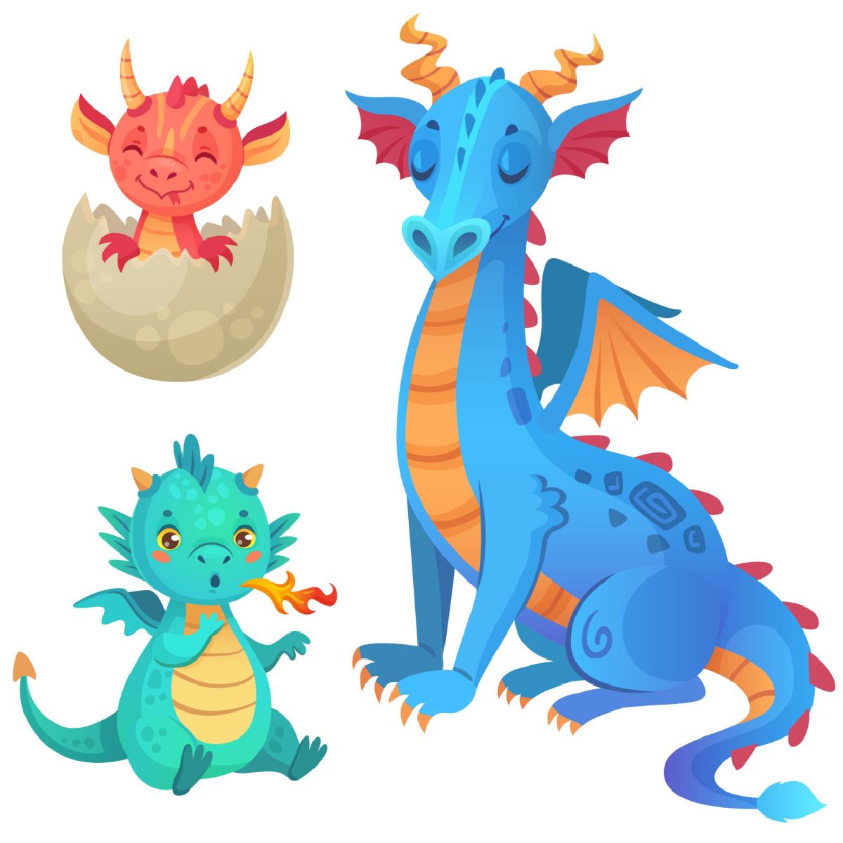 Three cute dragons Three cute dragon cartoon images, the top left is an orange baby dragon hatching from a shell, the one below it is a teal teenage dragon blowing a small flame, and the one on the right is a fully grown adult blue dragon with a peaceful look on his face, and his eyes closed.