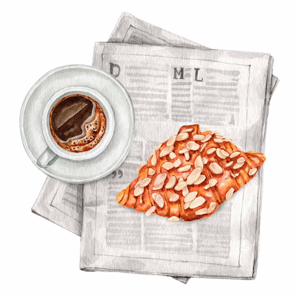 Newspaper with croissant and coffee cup on it A watercolor image of a newspaper with indiscernible text on it, with a cup of coffee and an almond croissant placed on top of it for National Croissant Day.