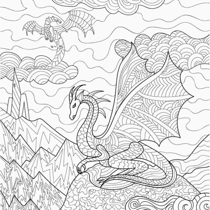 A free printable dragon coloring page depicting rolling hills with clouds in the sky, and one dragon sitting on a mountain with his wings extended and another dragon flying in the upper left corner of the sky, above a castle on a mountain.