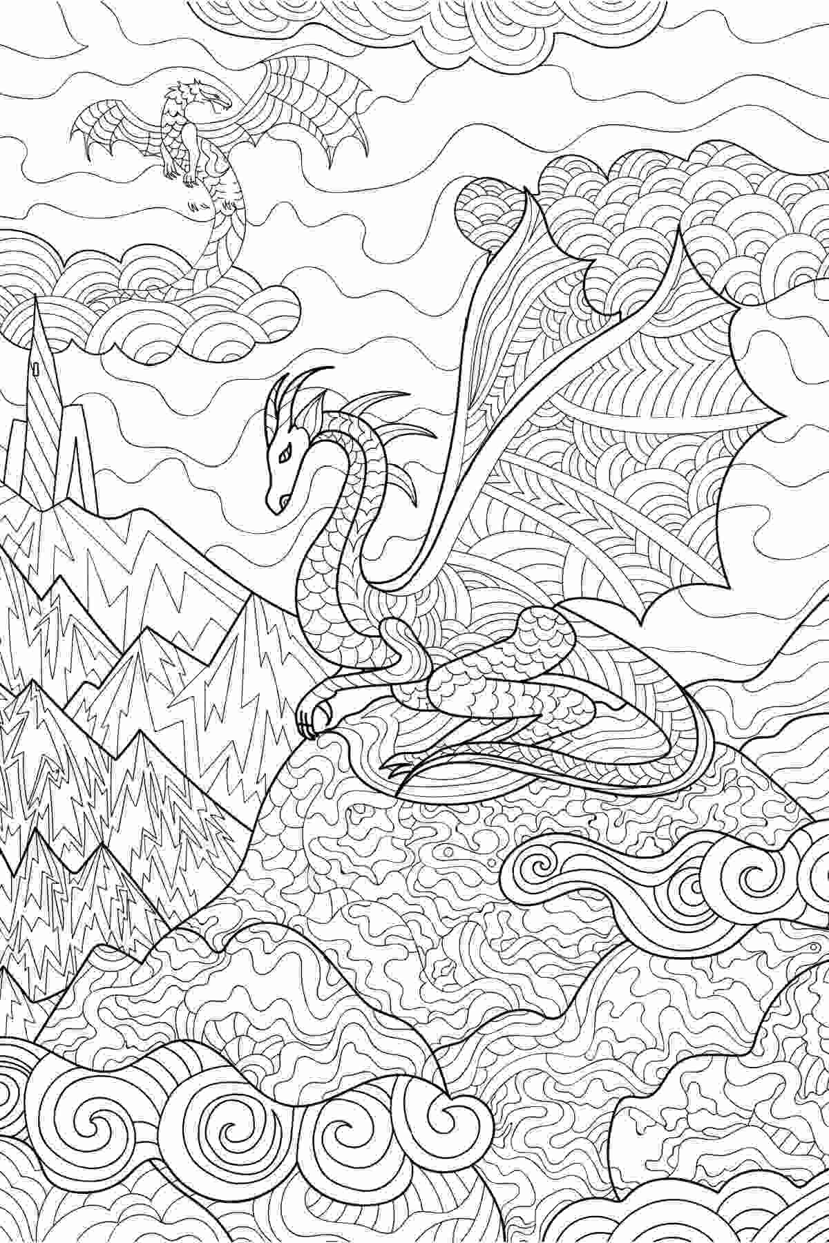 A free dragon coloring sheet depicting rolling hills with clouds in the sky, and one dragon sitting on a mountain with his wings extended and another dragon flying in the upper left corner of the sky, above a castle on a mountain.