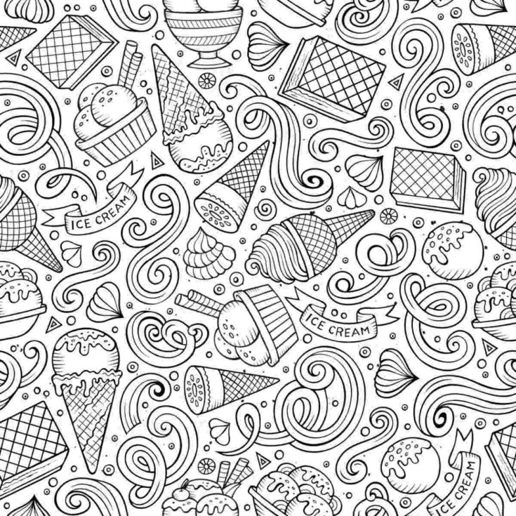 A free ice cream coloring page printable in a square shape, filled with ice cream cones, scoops and bowls of ice cream, ice cream sandwiches and decorative ribbons.