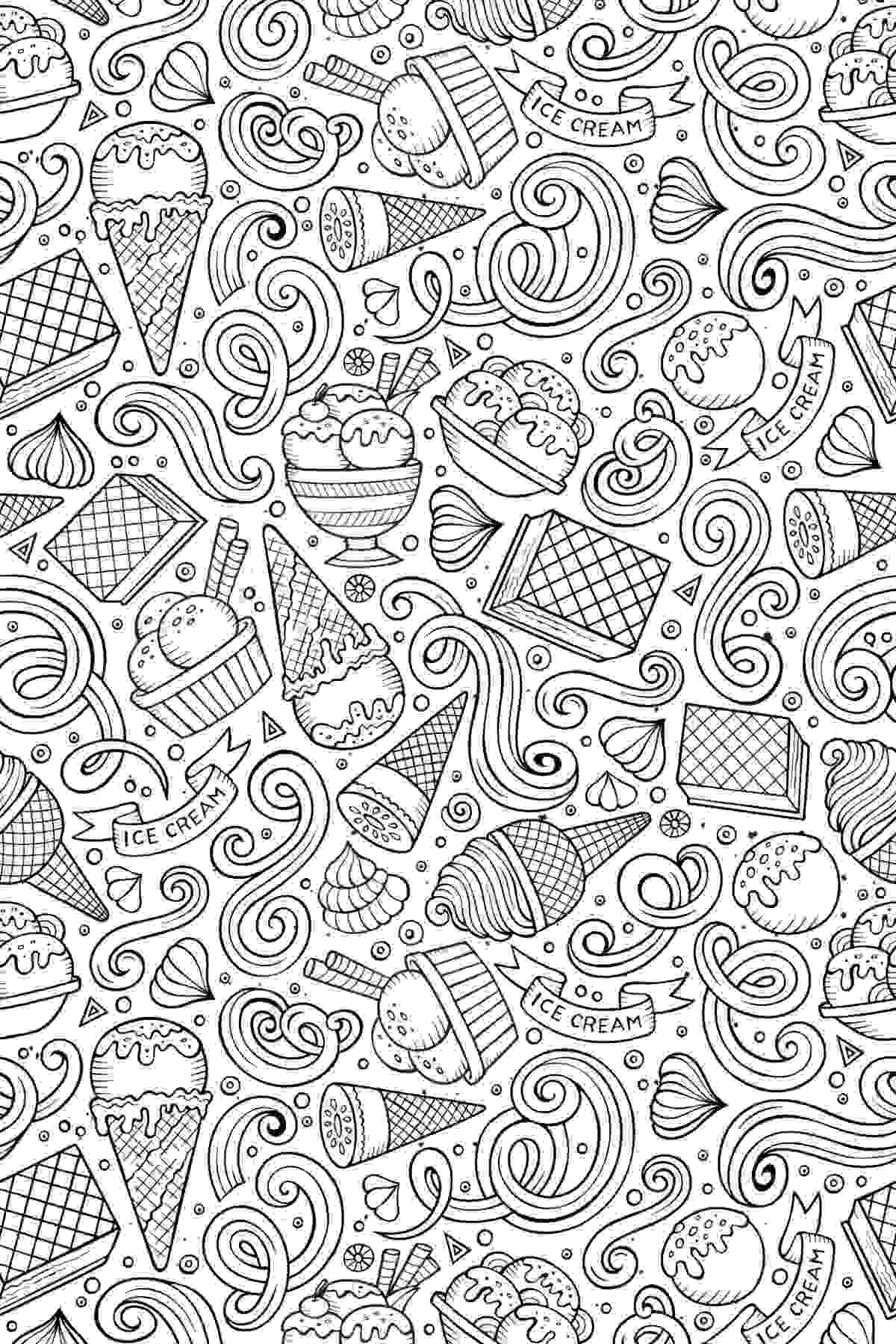 A free ice cream coloring page printable, filled with images of ice cream sandwiches, ice cream cones, scoops and bowls of ice cream, and decorative ribbons arranged closely together all over the image.