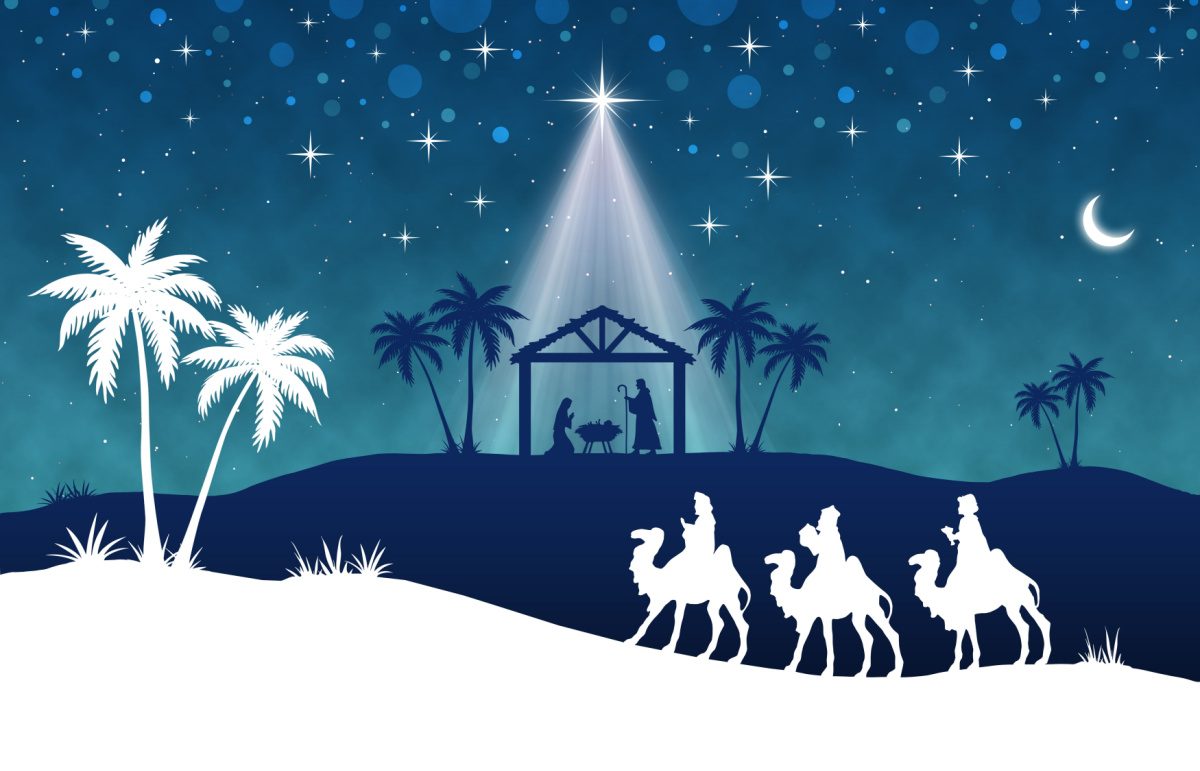 The Three Wise Men on Epiphany A cartoon image of the Three Wise Men traveling on camels through Bethlehem towards the north star to meet the baby Jesus.