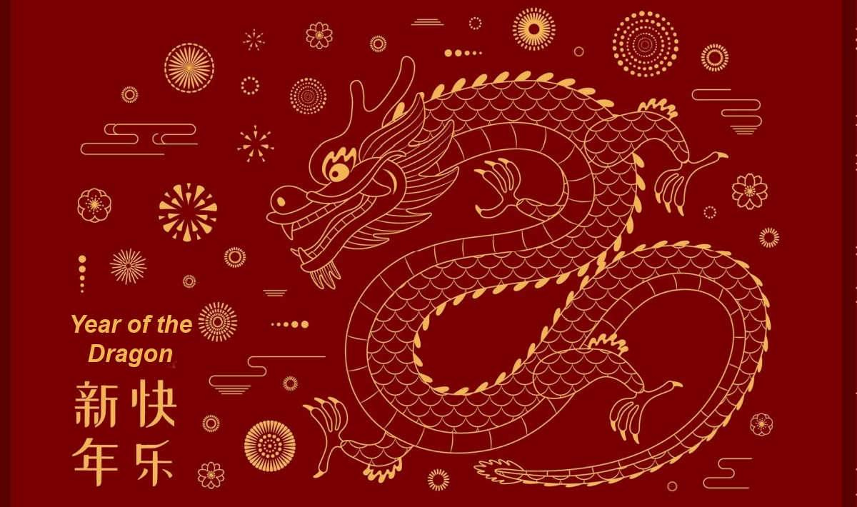 Year of the Dragon Dragon image on a red background with other icons and words Year of the Dragon.