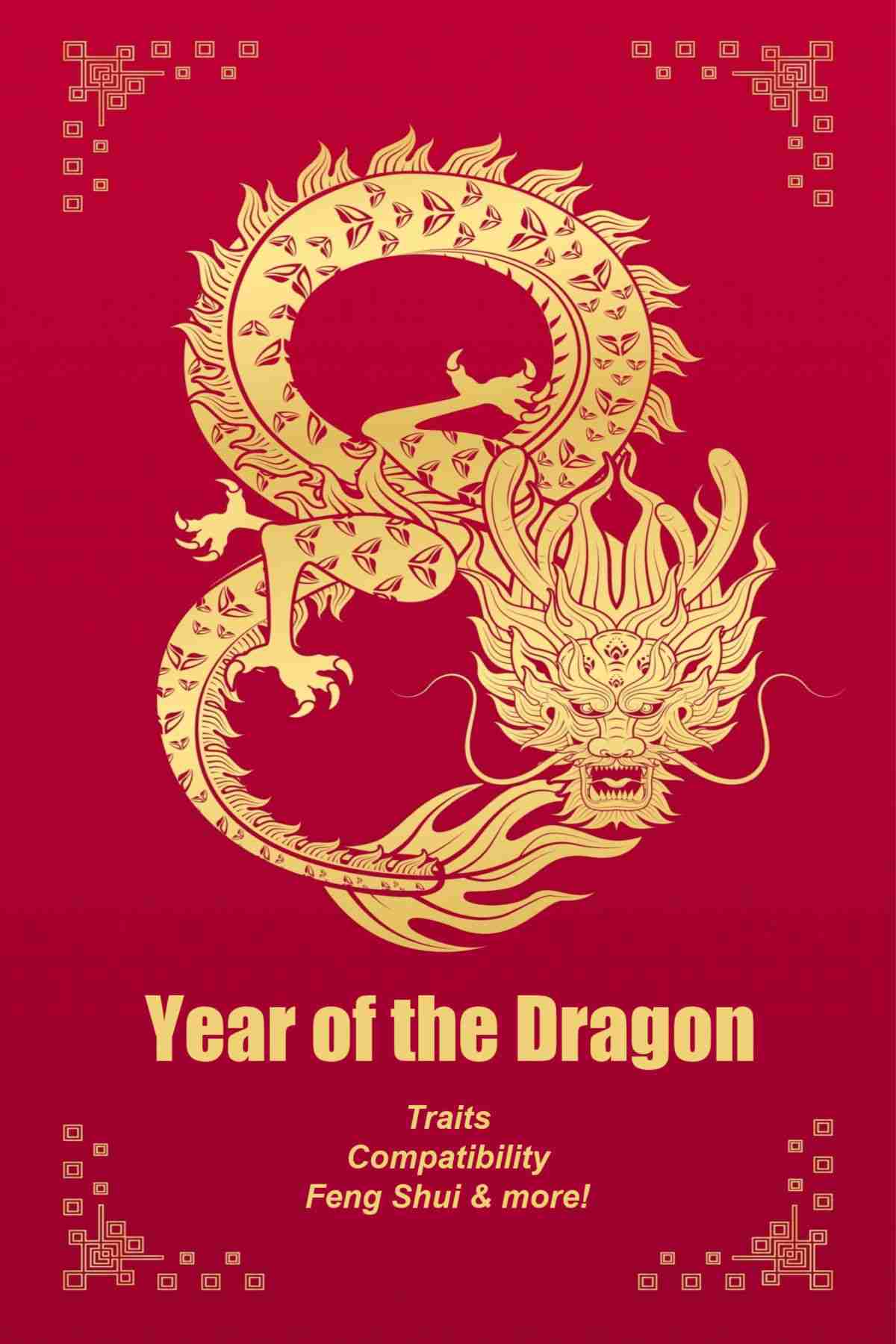 Find Out All About the Year of the Dragon. Gold dragon with words Year of the dragon, traits, compatibility, Feng Shui & more!