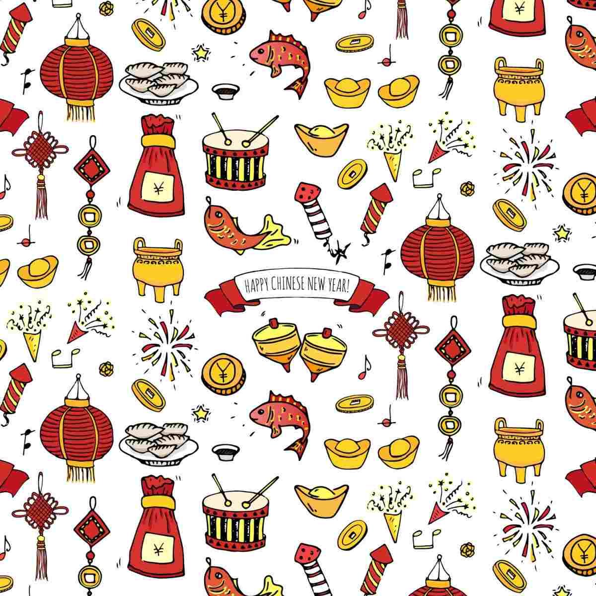 Chinese New Year symbols Tiny images of Chinese New Year symbols filling a white square background, including fish, drums, coins, dumplings, ingots, red lanterns, mystic knots, fireworks, firecrackers and gold coins all surrounding a banner that says Happy Chinese New Year.