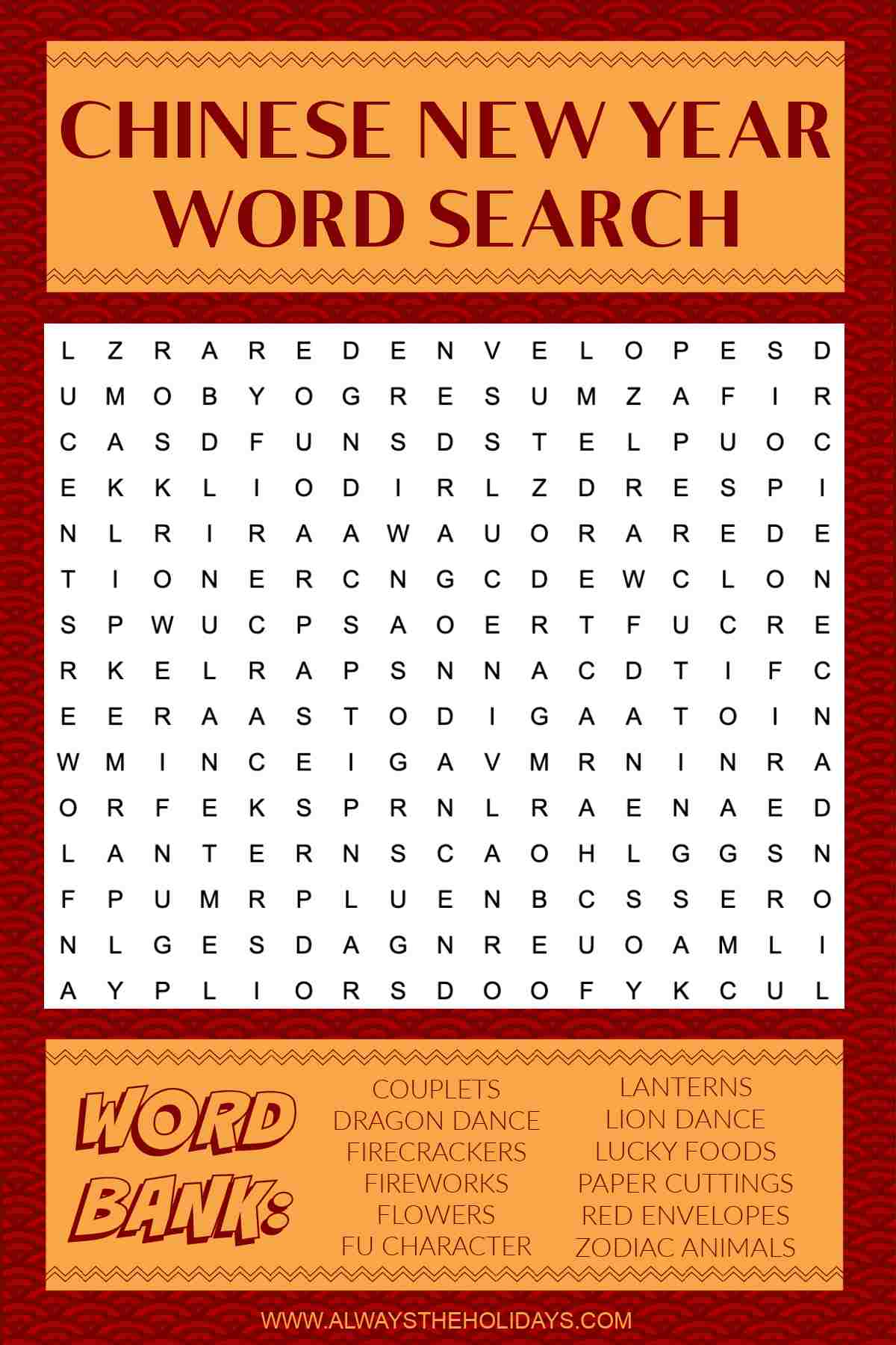 A printable Chinese New Year word search with a word bank containing words that represent the Chinese New Year symbols which are hidden within the word puzzle, and a title at the top in red lettering over a gold text box that reads "Chinese New Year word search".