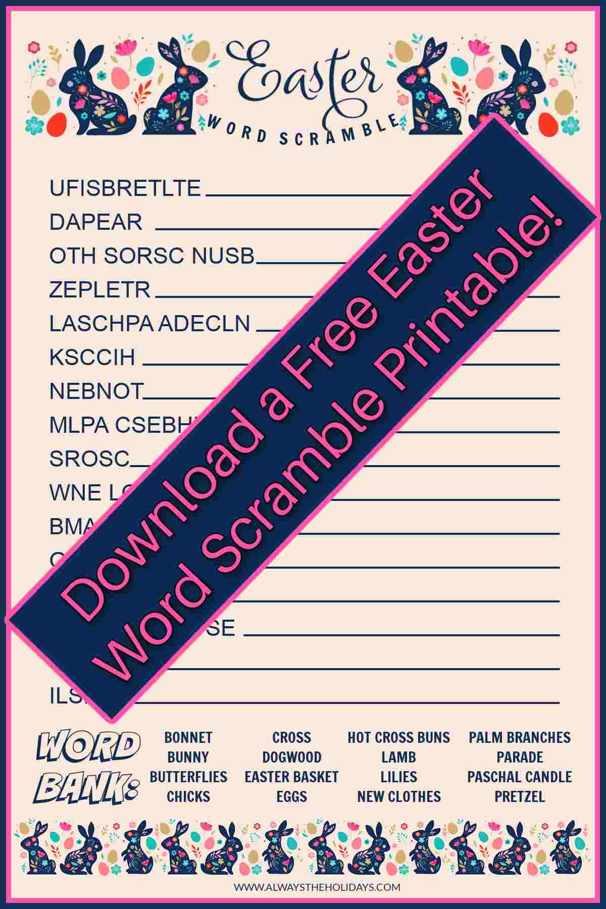 Get a Free Easter Word Scramble Printable An Easter printable word scramble with a blue rectangle across the image with pink text on top that reads Download a free Easter word scramble printable.