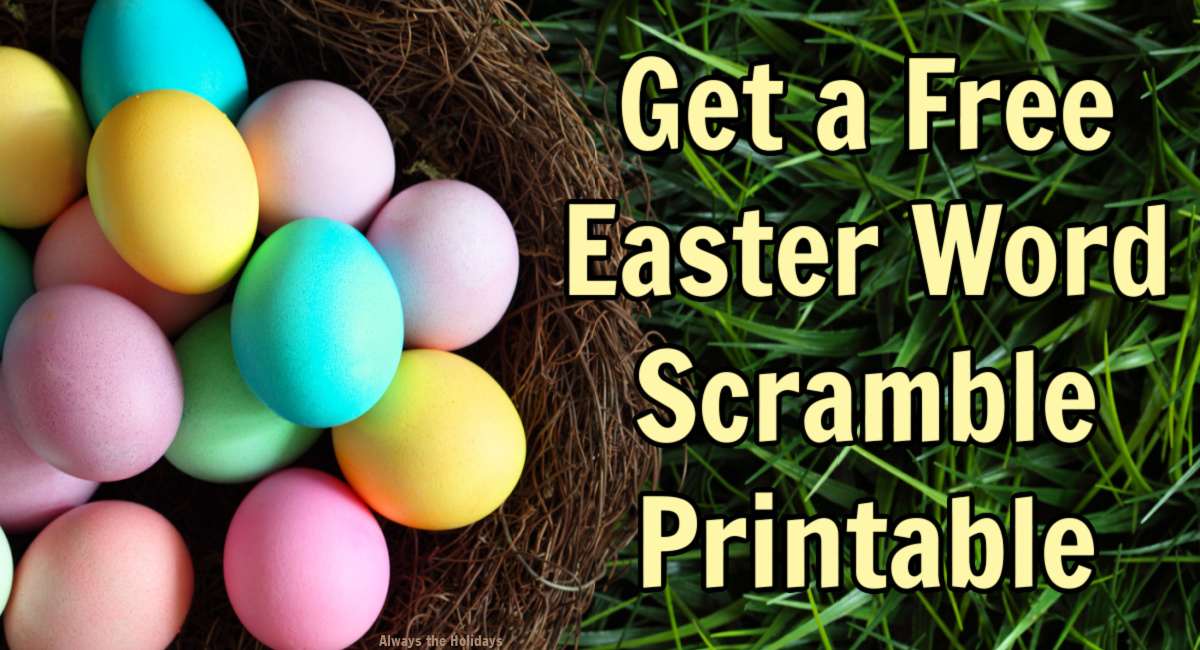 Easter egg basket and text overlay A nest with painted Easter eggs in vibrant pastel colors, on a green lawn, with a yellow text overlay that reads Get a free Easter word scramble printable.