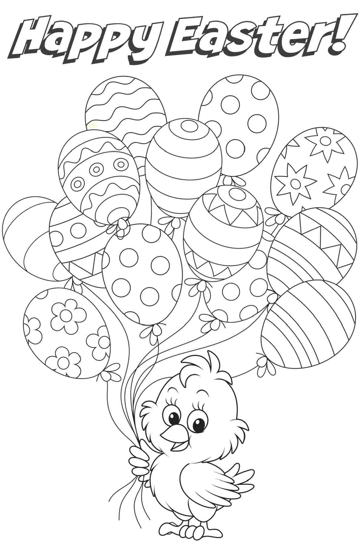 An Easter egg coloring page with a chick holding Easter egg balloons with different designs on each one, with a text overlay that reads Happy Easter at the top.