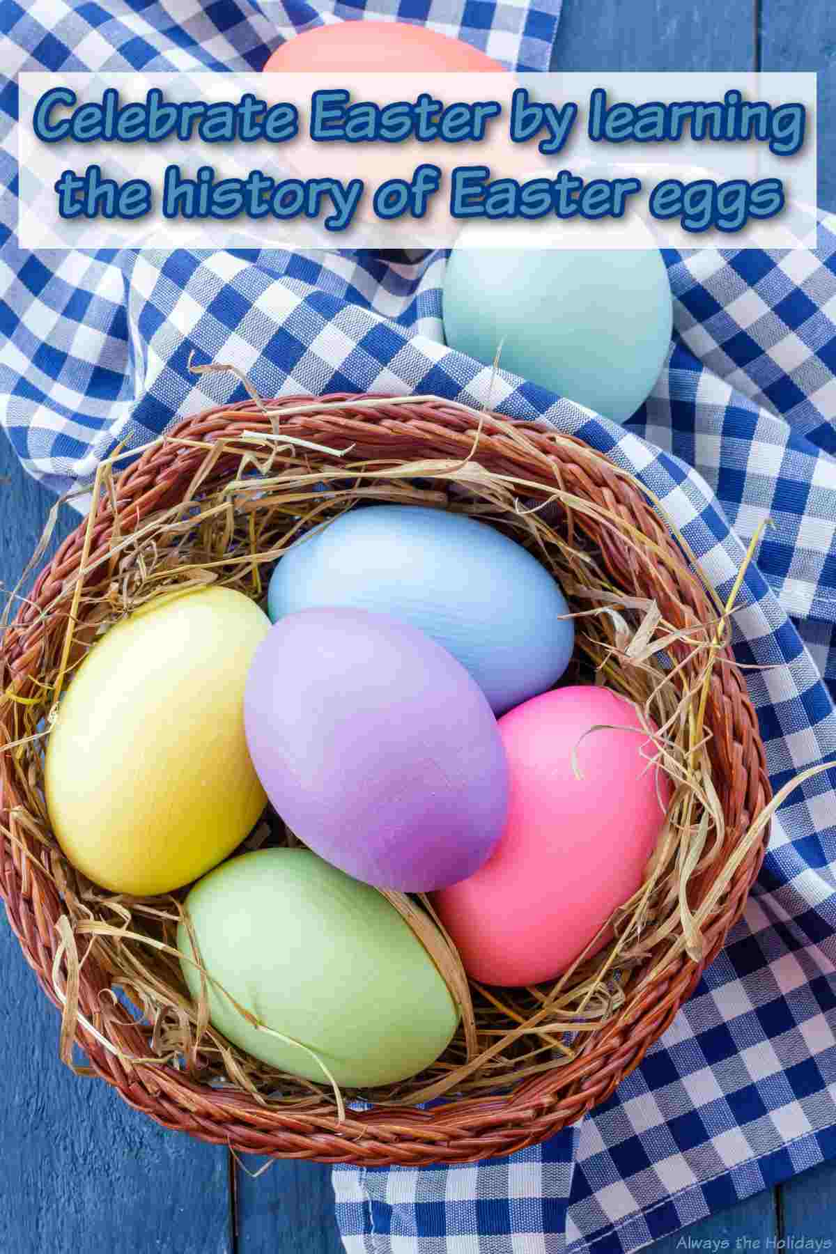 Learn About the History of Easter Eggs? A wicket basket filled with pastel dyed Easter eggs on a blue and white gingham cloth, with a text overlay about the history of Easter eggs above it.
