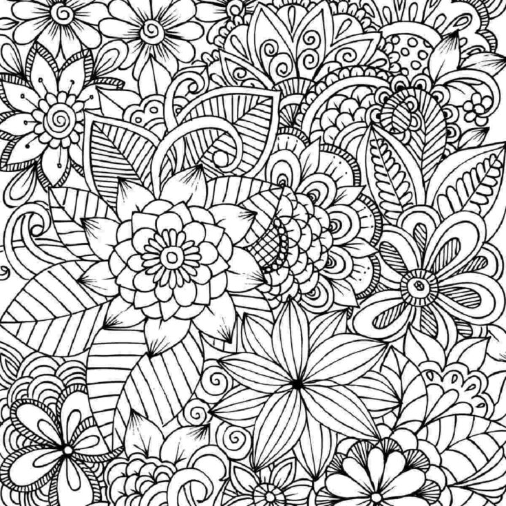 A square image of a flower coloring page, not colored in, featuring different types of flowers.