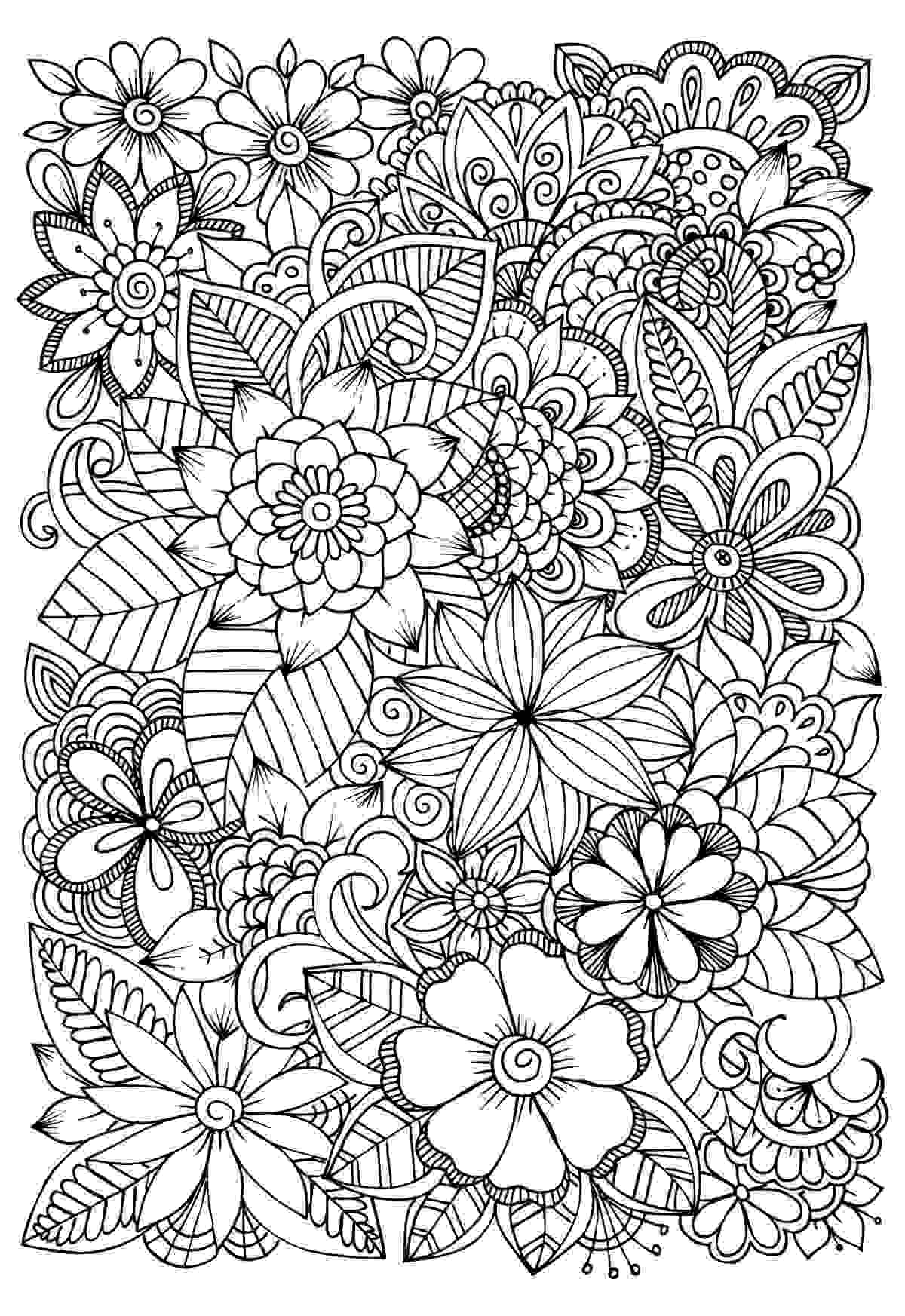A square image of a flower coloring sheet, not colored in, featuring different types of flowers.