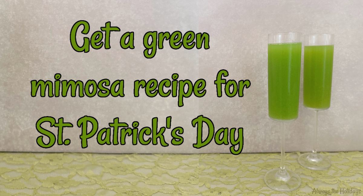 Green mimosas and text overlay Two champagne flutes filled with green mimosas, for a festive St. Patrick's Day cocktail against a stone background, sitting on green lace.