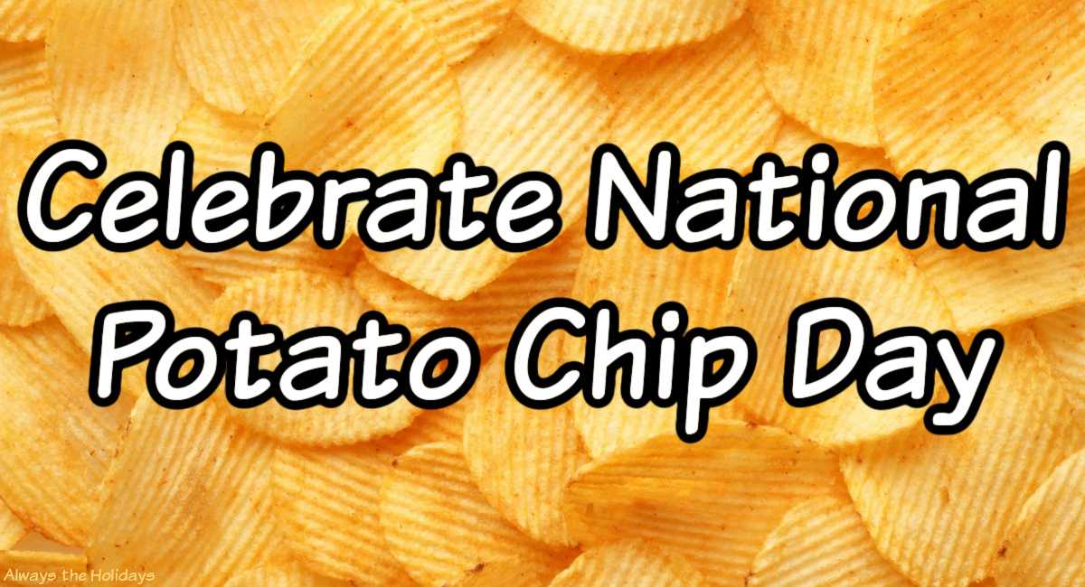 Potato chips with text overlay A close up image of ridged potato chips which fill the entire image, with a text overlay on top of it that says Celebrate National Potato Chip Day in white lettering with a black outline.