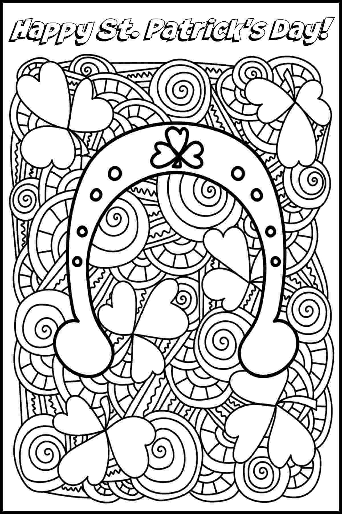 A shamrock coloring page, with a horseshoe with a shamrock on it in the middle of a background of spirals and shamrocks with a text overlay at the top reading Happy St. Patrick's Day.