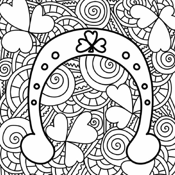A shamrock coloring sheet, with a horseshoe with a shamrock on it in the middle of a background of spirals and shamrocks with a text overlay at the top reading Happy St. Patrick's Day.