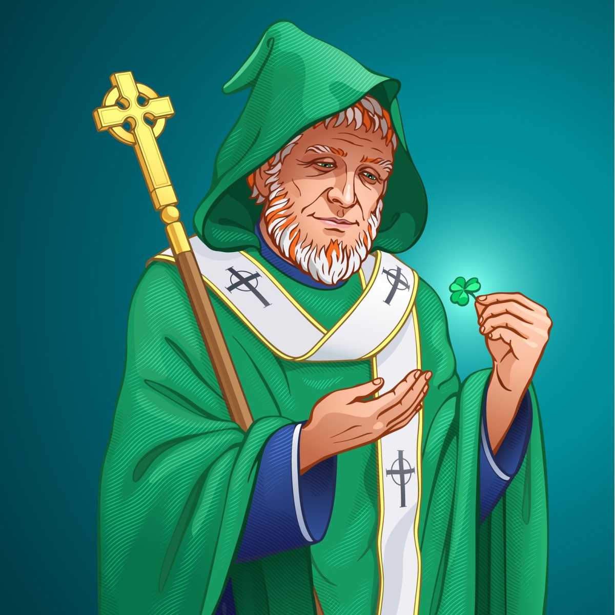 Saint Patrick Saint Patrick wearing green robes, holding a shamrock and pointing to it with his other hand showing that there's a religious shamrock meaning.