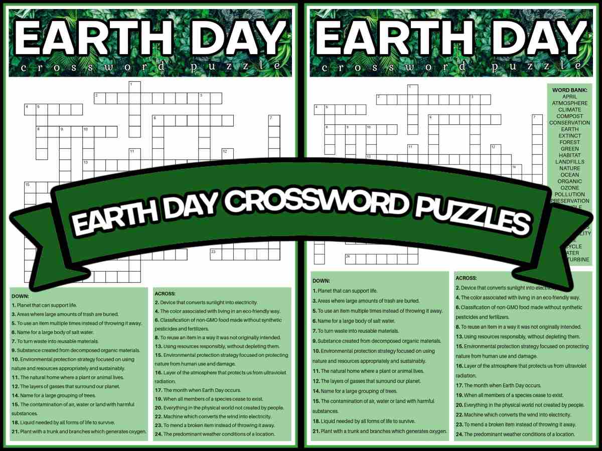 Two free Earth Day printables with a green banner across them that says Earth Day crossword puzzles.
