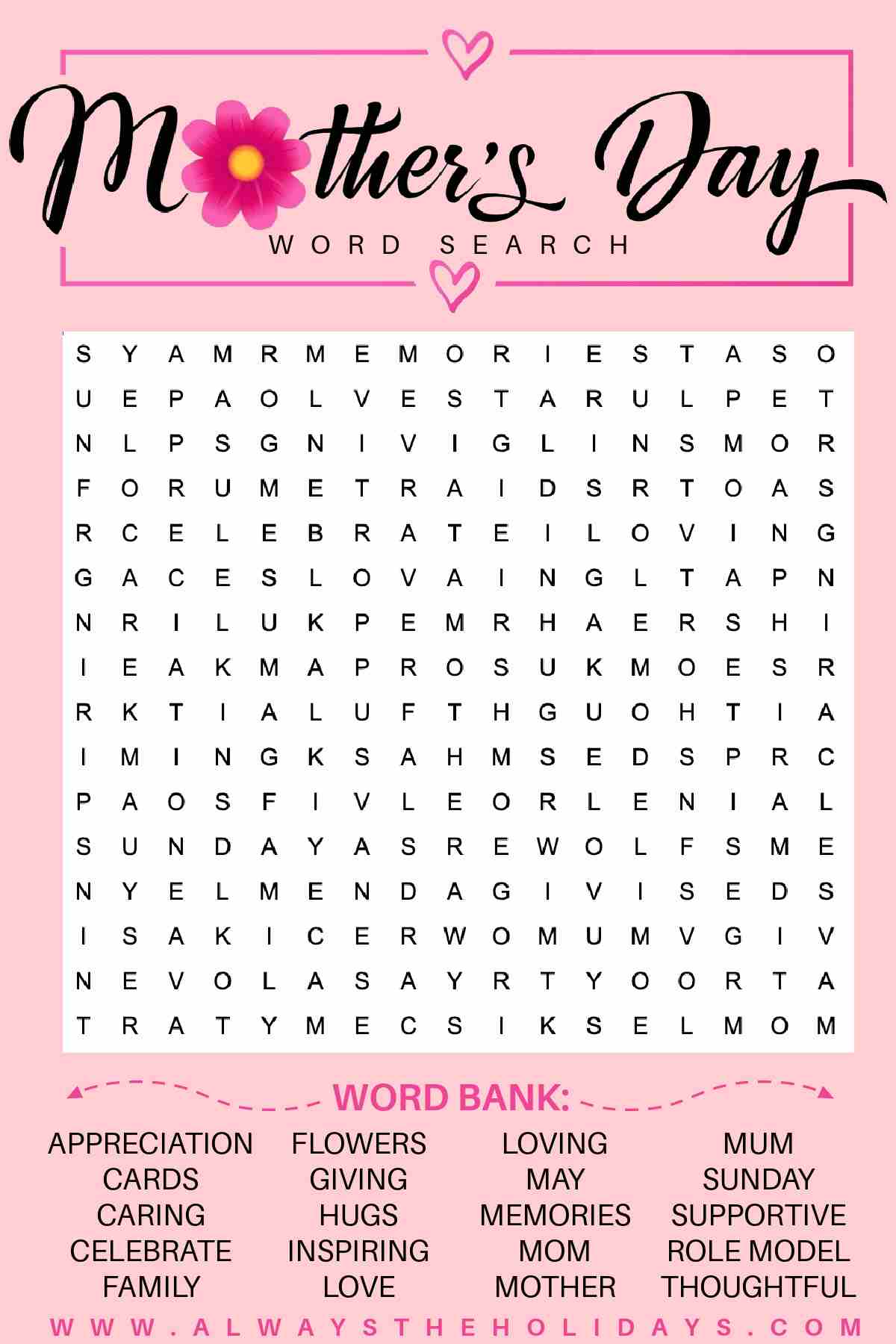 A free Mother's Day printable with a pink background and the words Mother's Day word search at the top, with the seek and find puzzle in the middle, and a word bank at the botom.