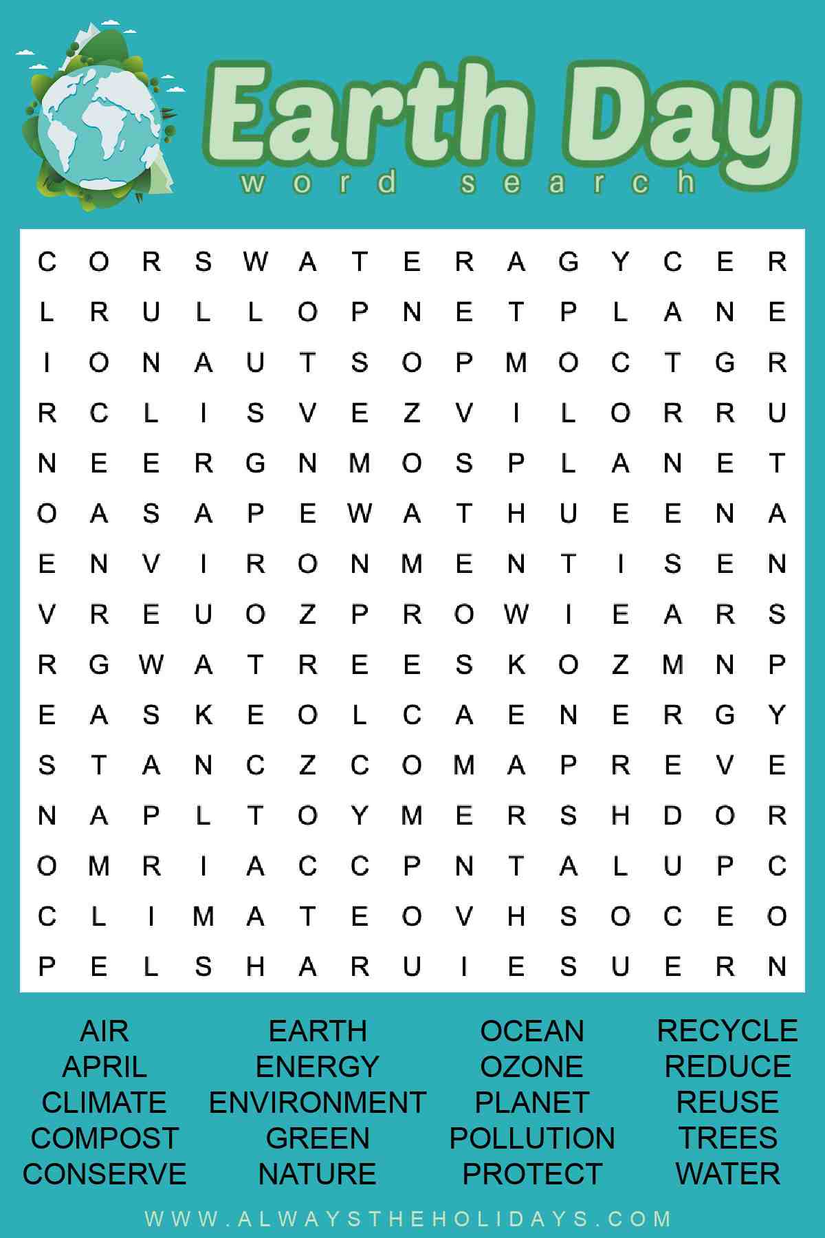 A free Earth Day word find printable, with a small globe at the top left of the image, with text beside it that reads Earth Day word search in light green letters, above the word puzzle, with a word bank at the bottom in black lettering.