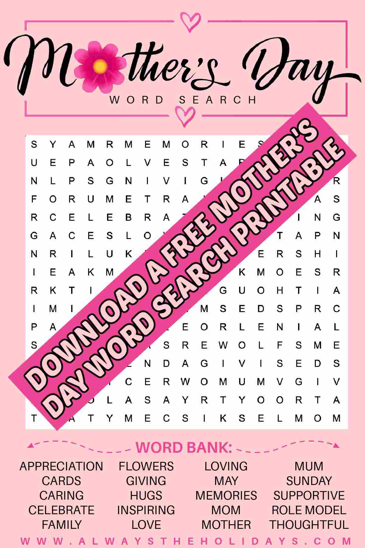 A free Mother's Day word find with a pink background, and a dark pink bar over the image that reads Download a free Mother's Day word search printable in light pink text.