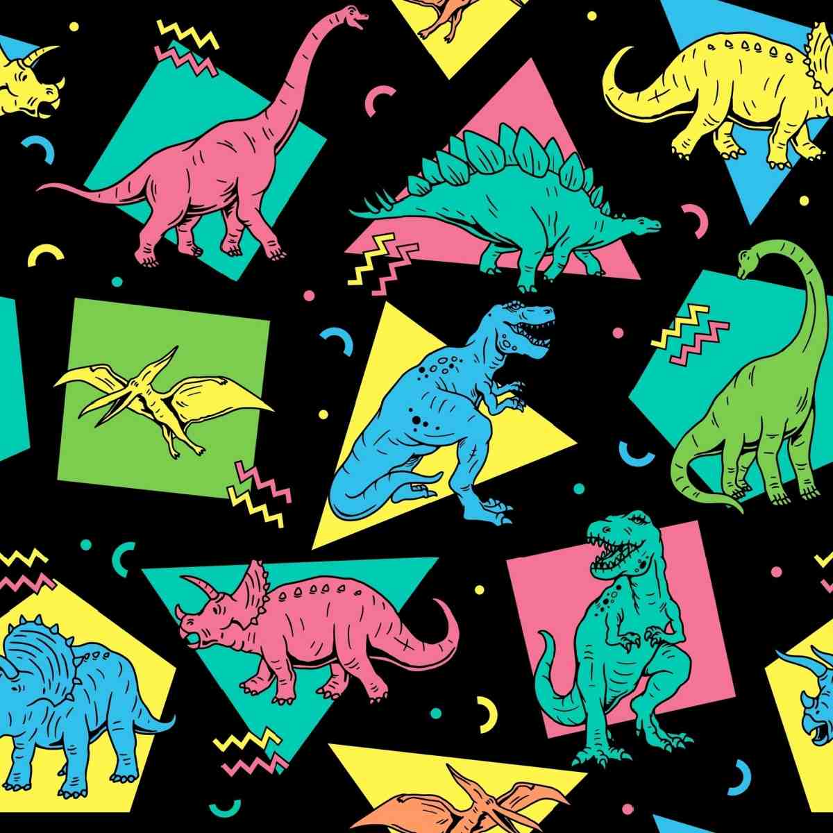 Neon dinosaurs on geometric shapes A black background with geometric shapes in neon colors, and several dinosaurs on top of them.