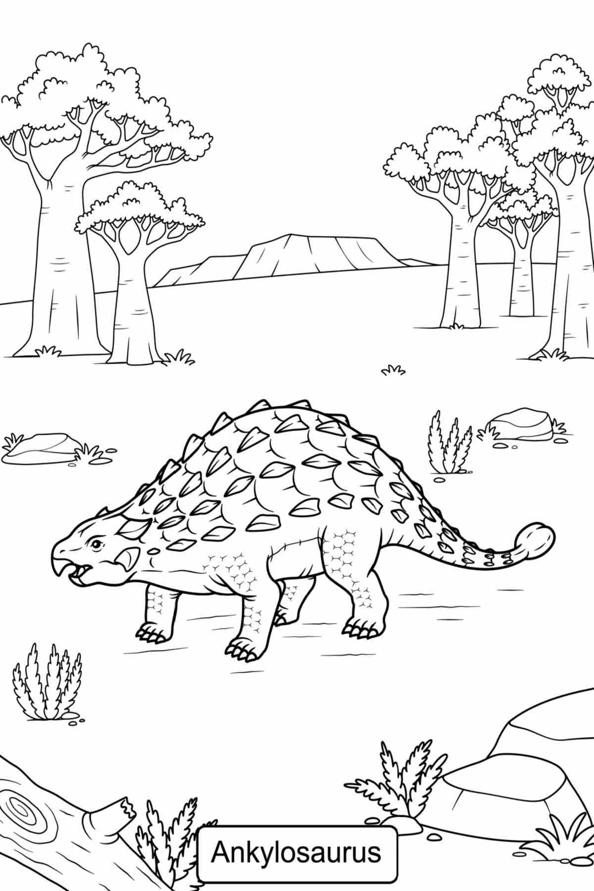 Download a Free Ankylosaurus Coloring Page A Ankylosaurus coloring page with the word Ankylosaurus at the top in bubble letters with the outline of an Ankylosaurus walking through a clearing of trees, which is taking up the bulk of this dinosaurs coloring pages.
