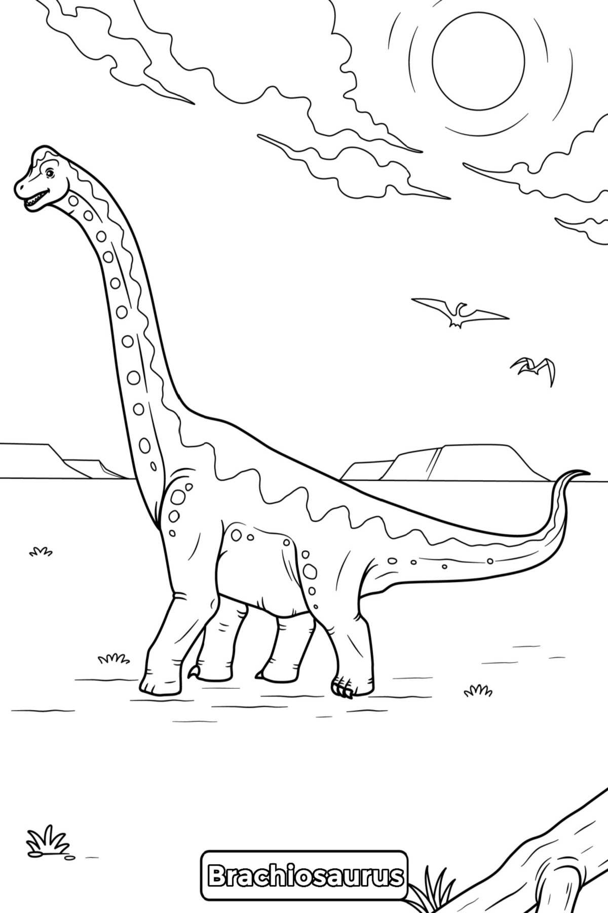 Download a Free Brachiosaurus Coloring Sheet A Brachiosaurus coloring page with the word Brachiosaurus at the bottom in rectangle in the center, with the outline of a Brachiosaurus walking to the left with mountains in the background and the sun high in the sky, which is taking up the bulk of this dinosaur coloring pages.