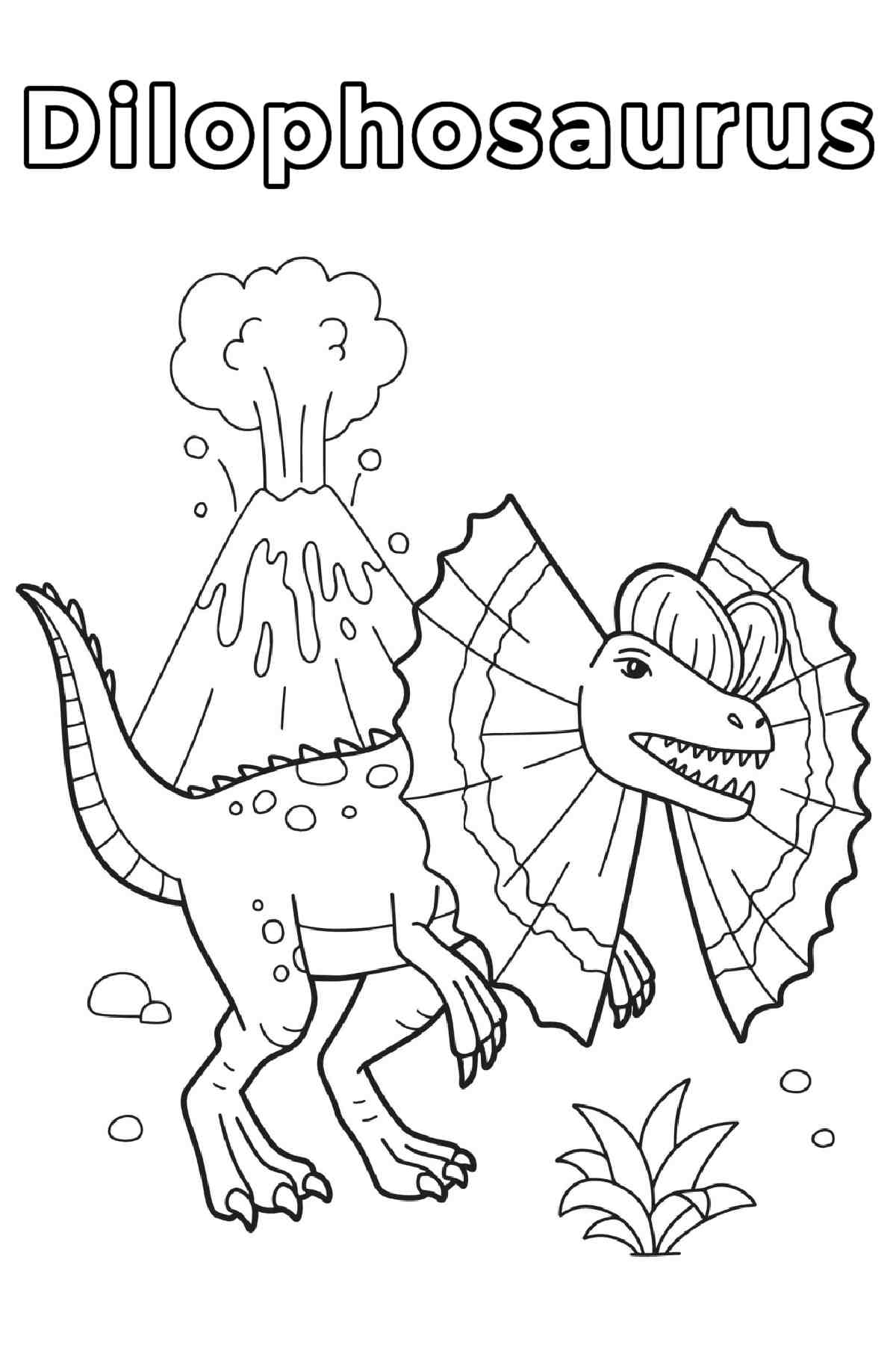 Download a Free Dilophosaurus Coloring Page A Dilophosaurus coloring page with the word Dilophosaurus at the top in bubble letters with the outline of a Dilophosaurus standing in front of an erupting volcano, which is taking up the bulk of this free coloring page printables.
