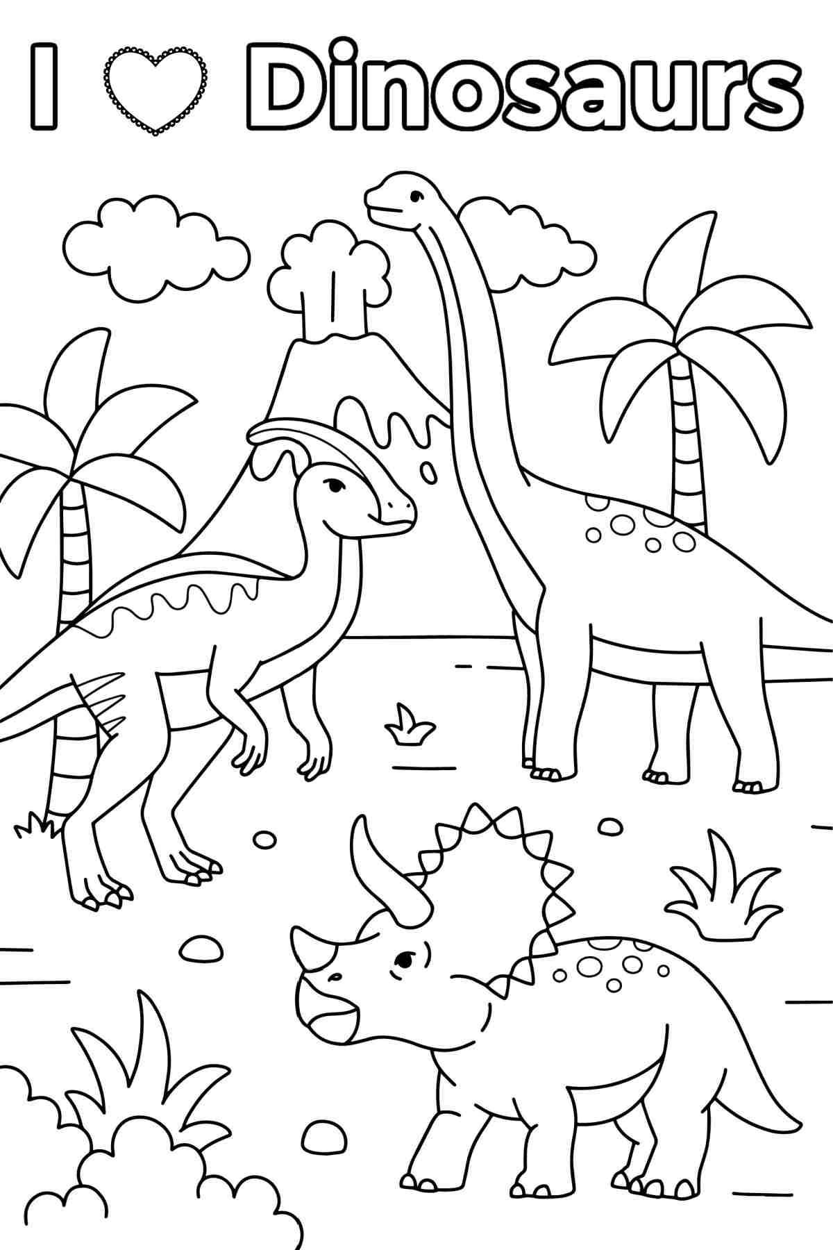 Celebrate Your Love For Dinosaurs with Free Dinosaurs Coloring Pages A dinosaur coloring sheet that has a Triceratops, Brontosaurus and Parasaurolophus standing in the middle of an open filed with mountains and trees in the background and text that says I love Dinosaurs at the top of this dinosaurs coloring pages.