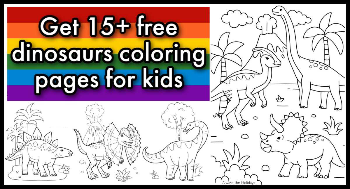 Dinosaur coloring page graphic An collage of different dinosaur coloring sheets with a text overlay above a rainbow in the top left corner that reads Get 15+ free dinosaurs coloring pages for kids.