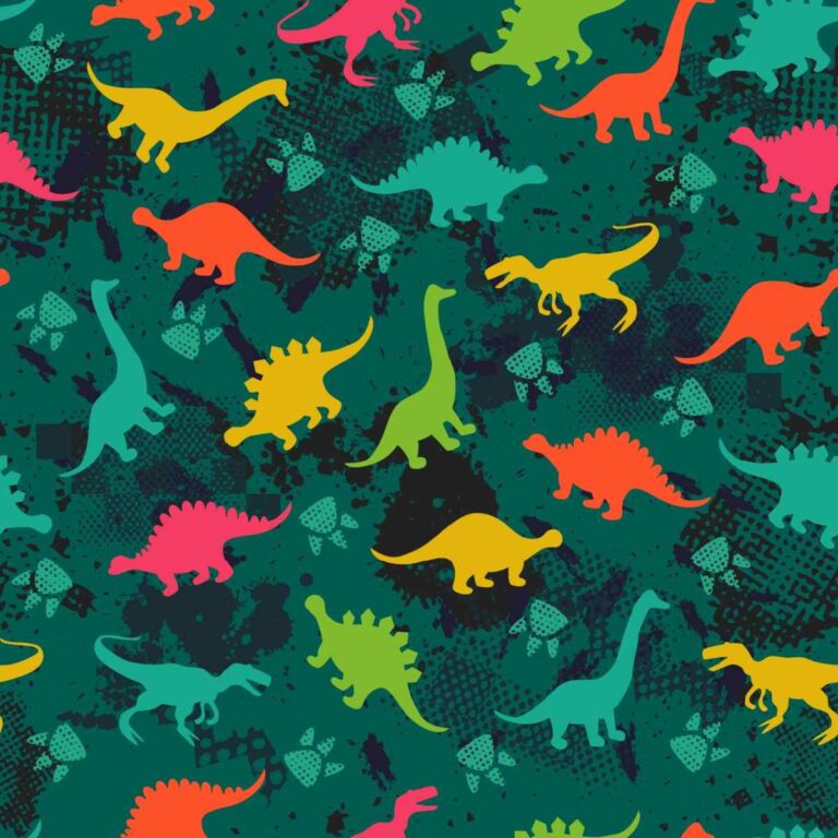 A green camouflage background with various neon colored dinosaurs including a T-Rex, Brontosaurus, Brachiosaurus and Stegosaurus.