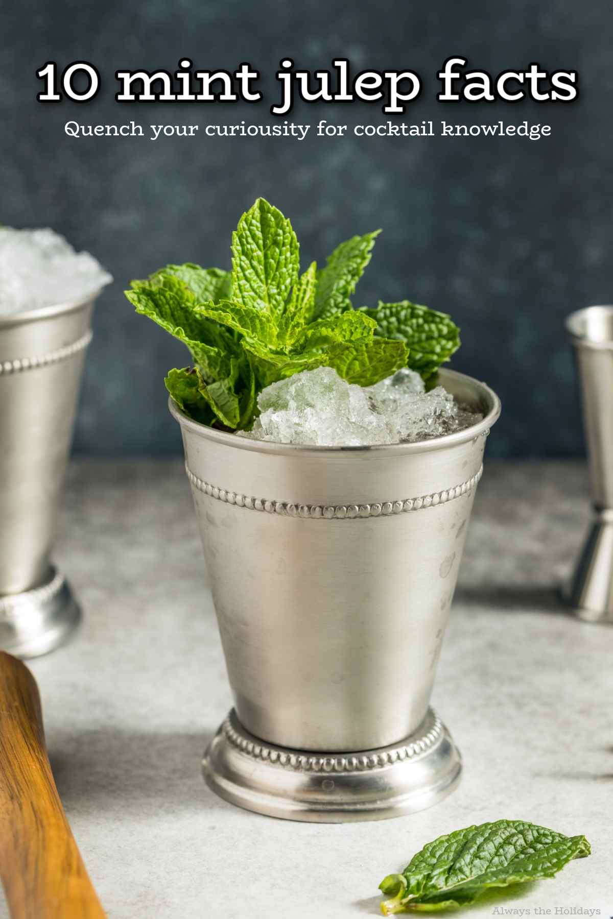 Learn 10 Mint Julep Facts to Impress your Friends A mint julep in a silver mint julep glass, garnished with a fresh sprig of mint, on a white countertop against a slate grey background with a fresh mint leaf in the foreground of the image, and a cocktail jigger, wooden muddler, and second mint julep cocktail cut off around the borders of the photo.