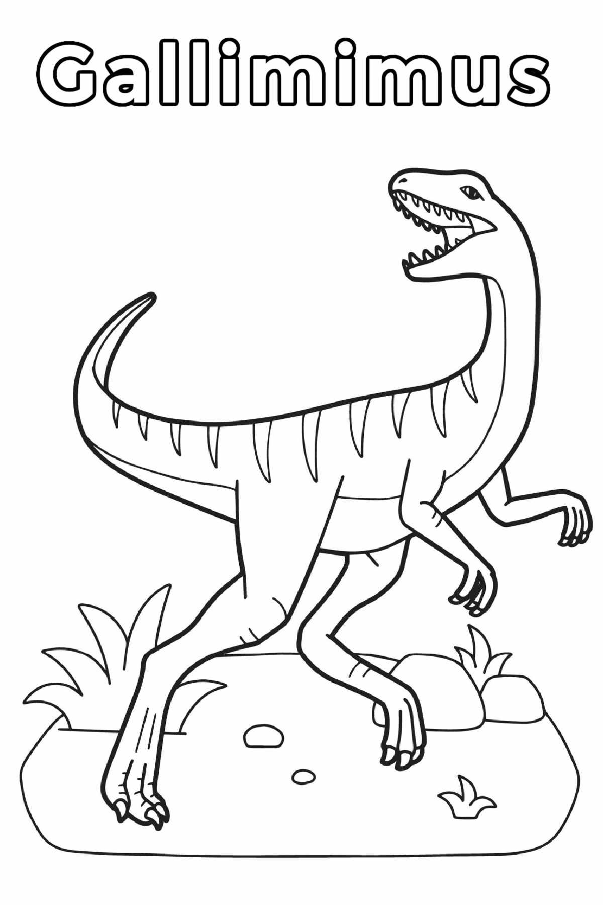 Download a Free Gallimimus Coloring Page A Gallimimus coloring page with the word Gallimimus at the top in bubble letters with the outline of a Gallimimus dinosaur roaring and looking over its shoulder while running, which is taking up the bulk of this free coloring sheet printables.