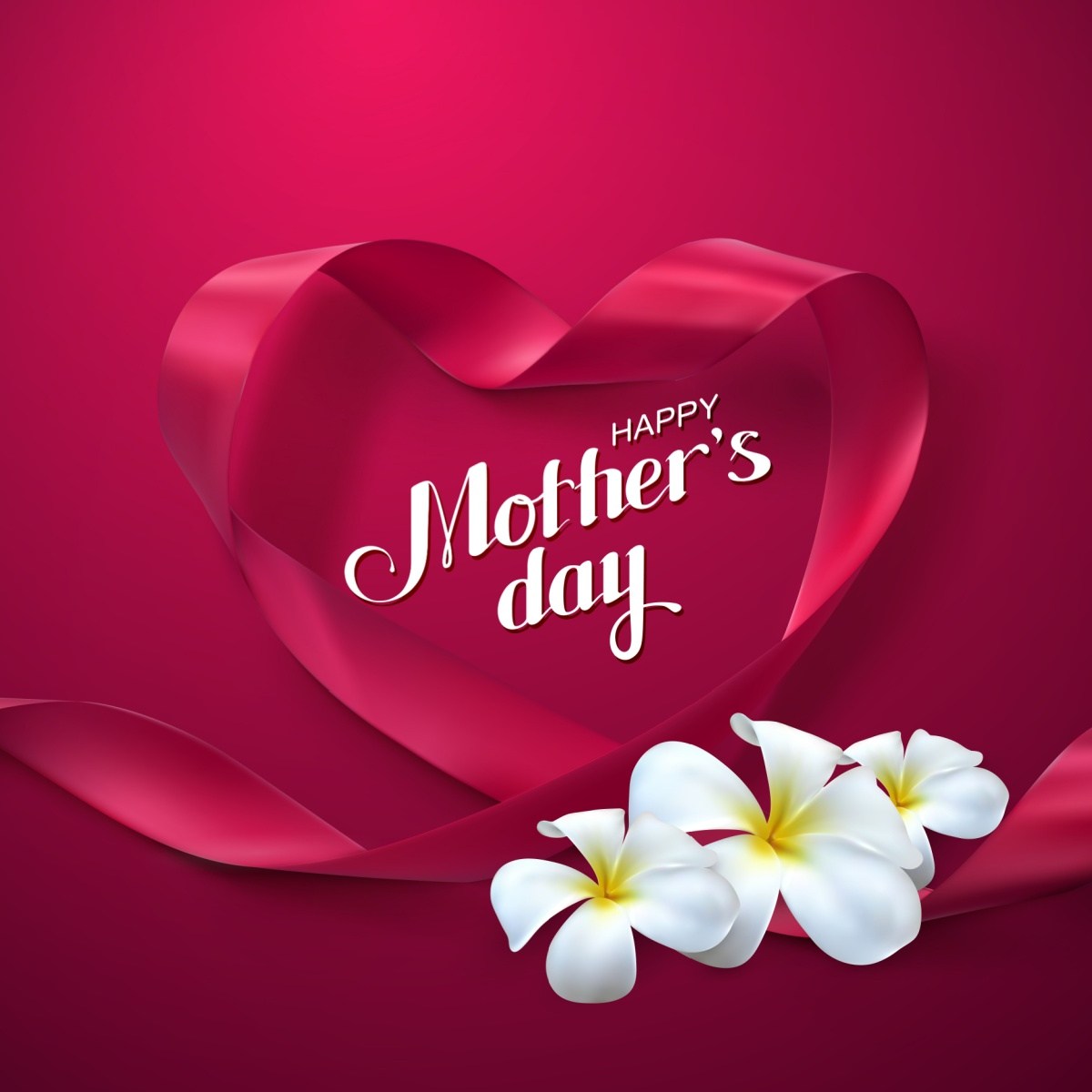 Happy Mother's Day graphic A dark pink background with a dark pink ribbon curled in a heart shape around the words Happy Mother's Day in white writing, with three white plumeria flowers beside the heart ribbon.