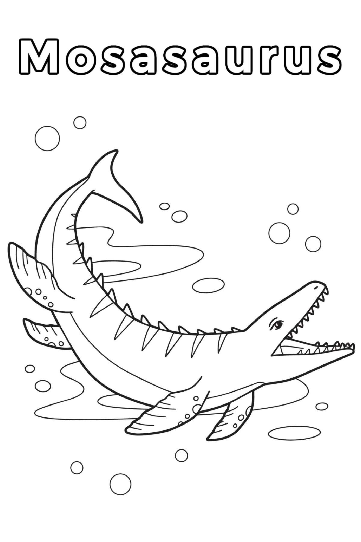 Get a Free Mosasaurus Coloring Page Printable A Mosasaurus coloring page with the word Mosasaurus at the top in bubble letters with the outline of a Mosasaurus swimming in the ocean, looking to the right, which is taking up the bulk of this dinosaur printable coloring pages.