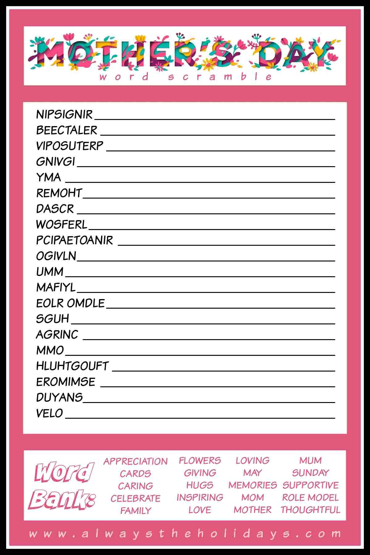 A free Mother's Day printable word scramble with lettering at the top that reads Mother's Day word scramble, the word puzzle beneath that, and a word bank at the bottom.