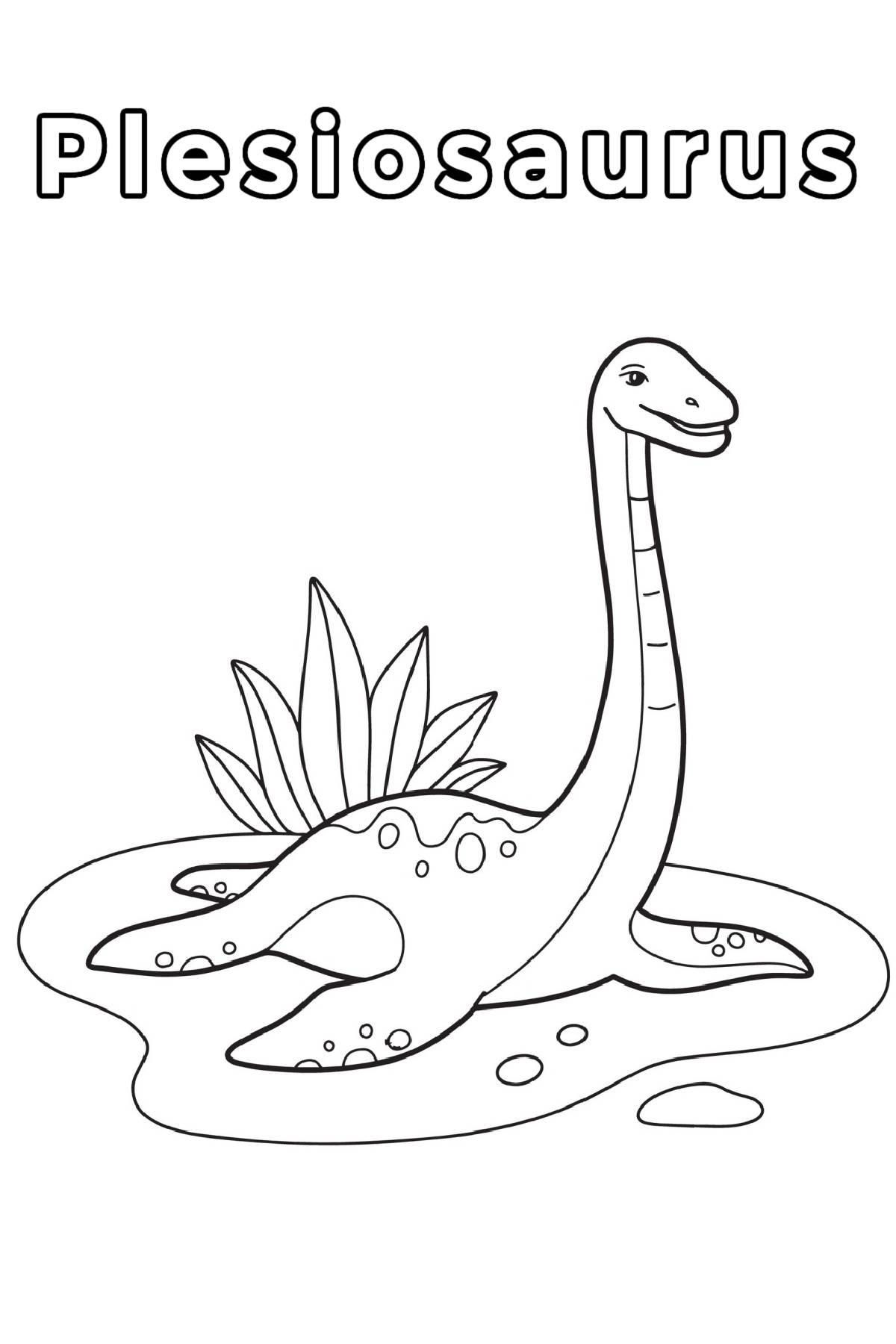Get a Free Plesiosaurus Coloring Sheet for Kids A Plesiosaurus coloring page with the word Plesiosaurus at the top in bubble letters with the outline of a Plesiosaurus smiling and laying on the ground near a small bit of greenery which is taking up the bulk of this dinosaur printable coloring sheets.