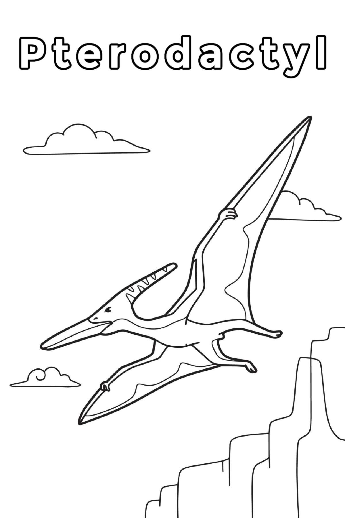 Get a Free Pterodactyl Coloring Page A Pterodactyl coloring page with the word Pterodactyl at the top in bubble letters with the outline of a Pterodactyl flying high in the sky over the mountains among the clouds which is taking up the bulk of this free printables.