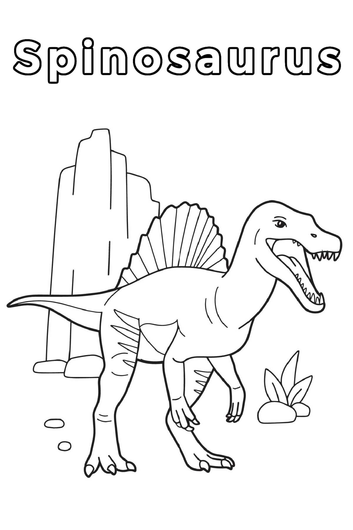 Get a Set of Free Dinosaur Coloring Sheets A Spinosaurus coloring page with the word Spinosaurus at the top in bubble letters with an outline of a Spinosaurus roaring in front of a mountain taking up the bulk of this dinosaur coloring page printable.