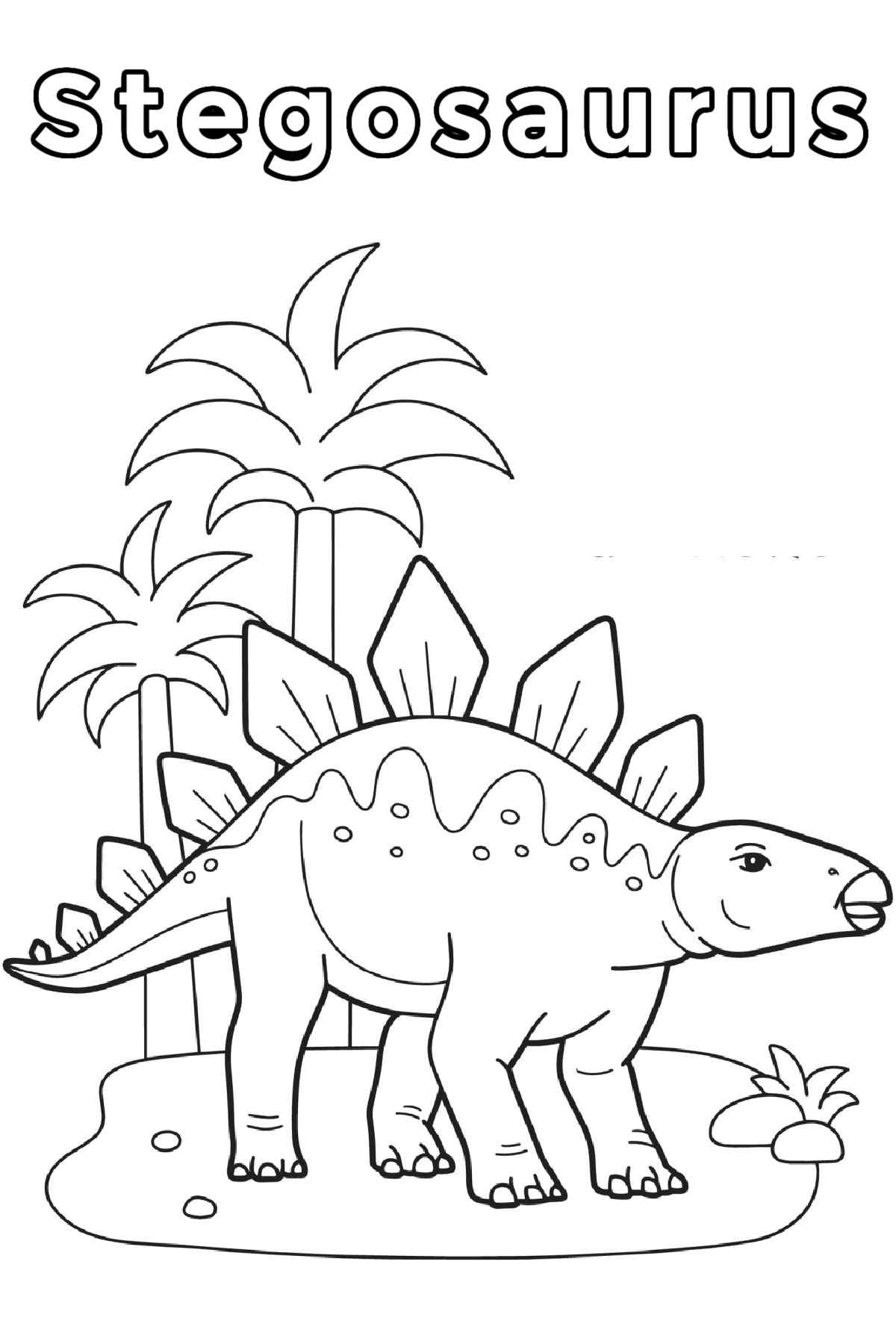 Go Back in Time with a Stegosaurus Coloring Page A Stegosaurus coloring page with the word Stegosaurus at the top in bubble letters with the outline of a Stegosaurus standing in front of two palm trees, which is taking up the bulk of this dinosaurs coloring sheet.