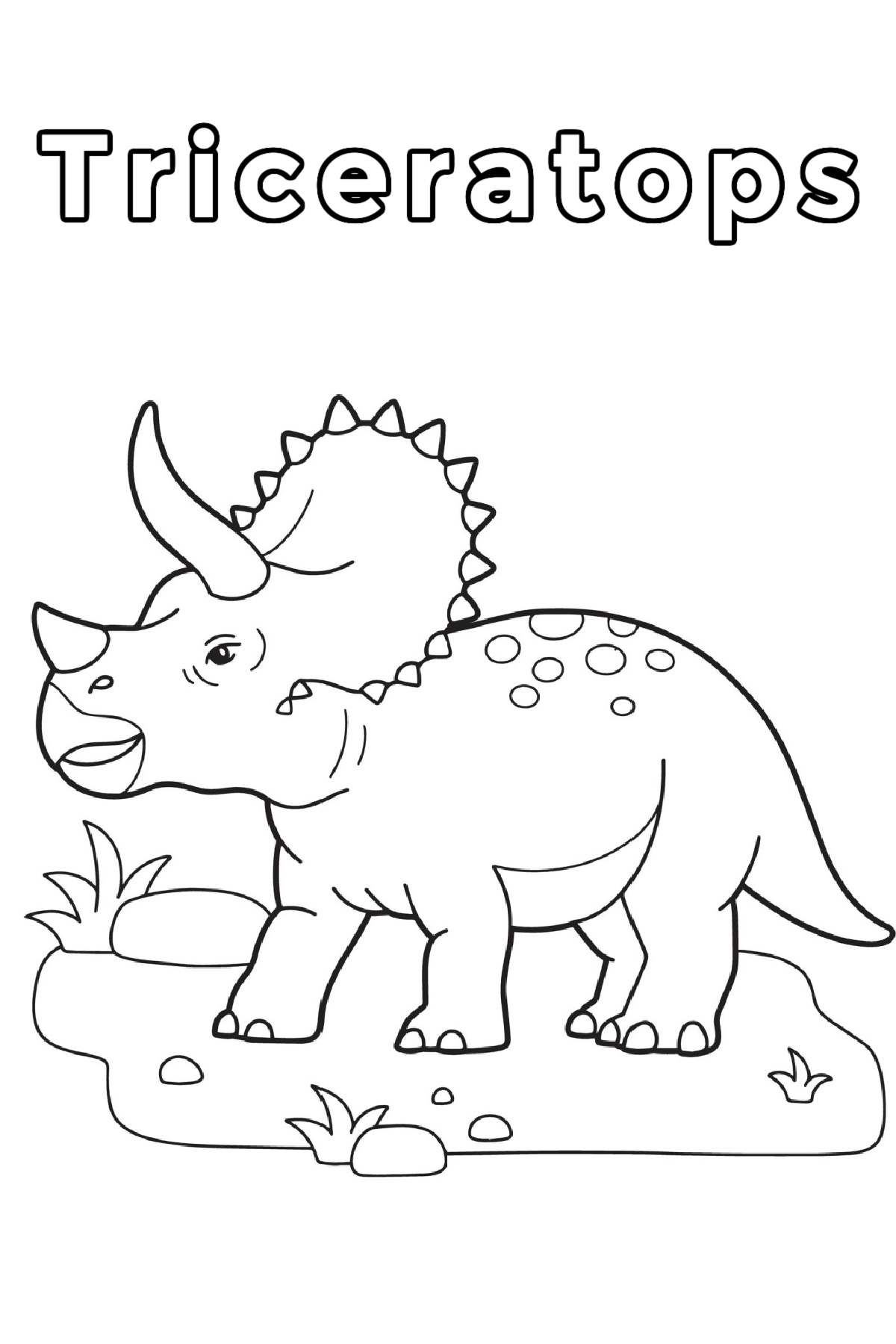 Get a Free Triceratops Coloring Page for Kids A Triceratops coloring page with the word Triceratops at the top in bubble letters with the outline of a Triceratops standing on a patch of land, which is taking up the bulk of this dinosaurs coloring page.