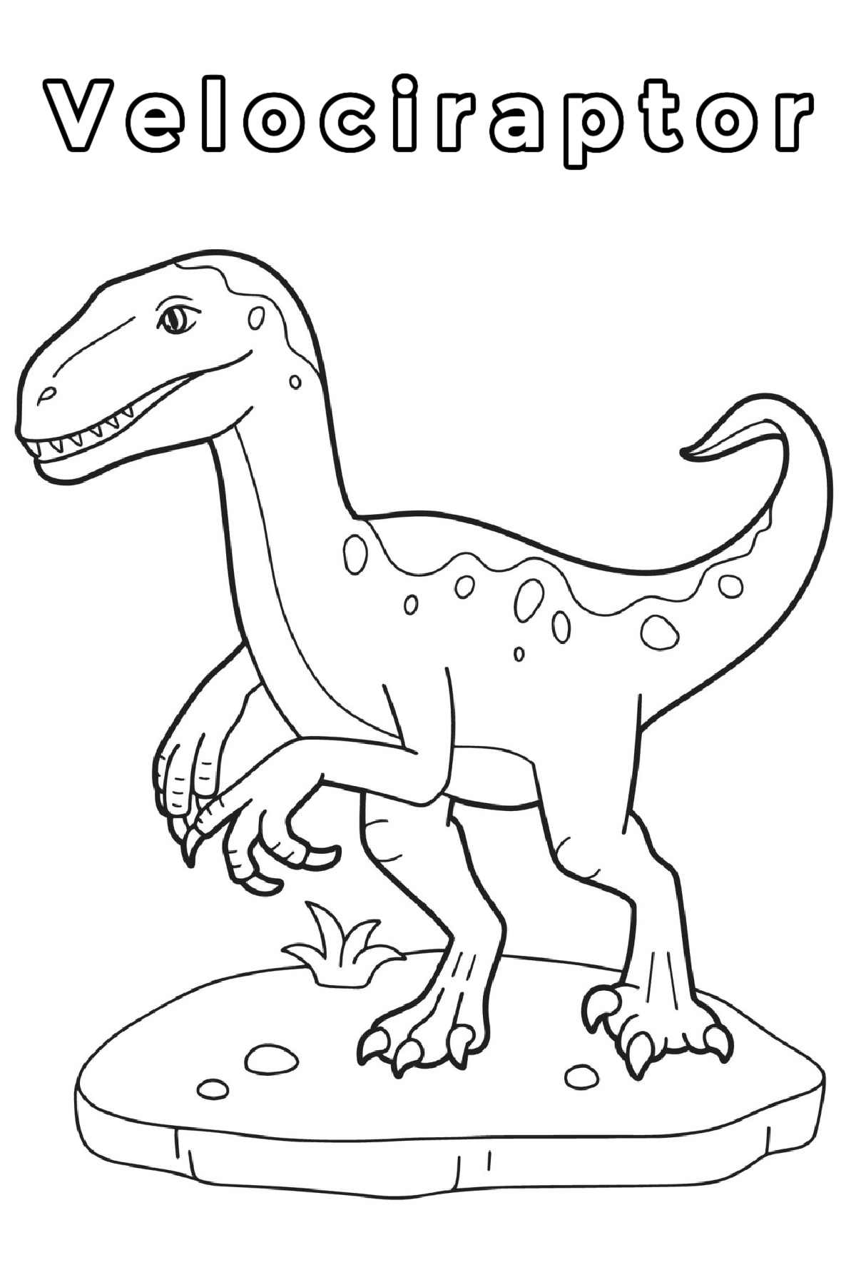 Get a Velociraptor Coloring Page A Velociraptor coloring page with the word Velociraptor at the top in bubble letters with the outline of a Velociraptor running and roaring at the same time while looking over his left shoulder, which is taking up the bulk of this dinosaurs coloring sheets.