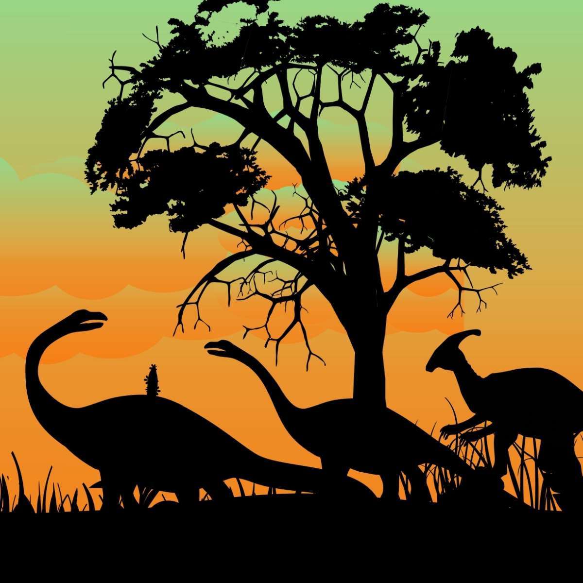 Dinosaur silhouette at sunset An image of dinosaurs at sunset in front of a large tree, with the dinosaurs only visible in silhouette against the orange and green sunset.
