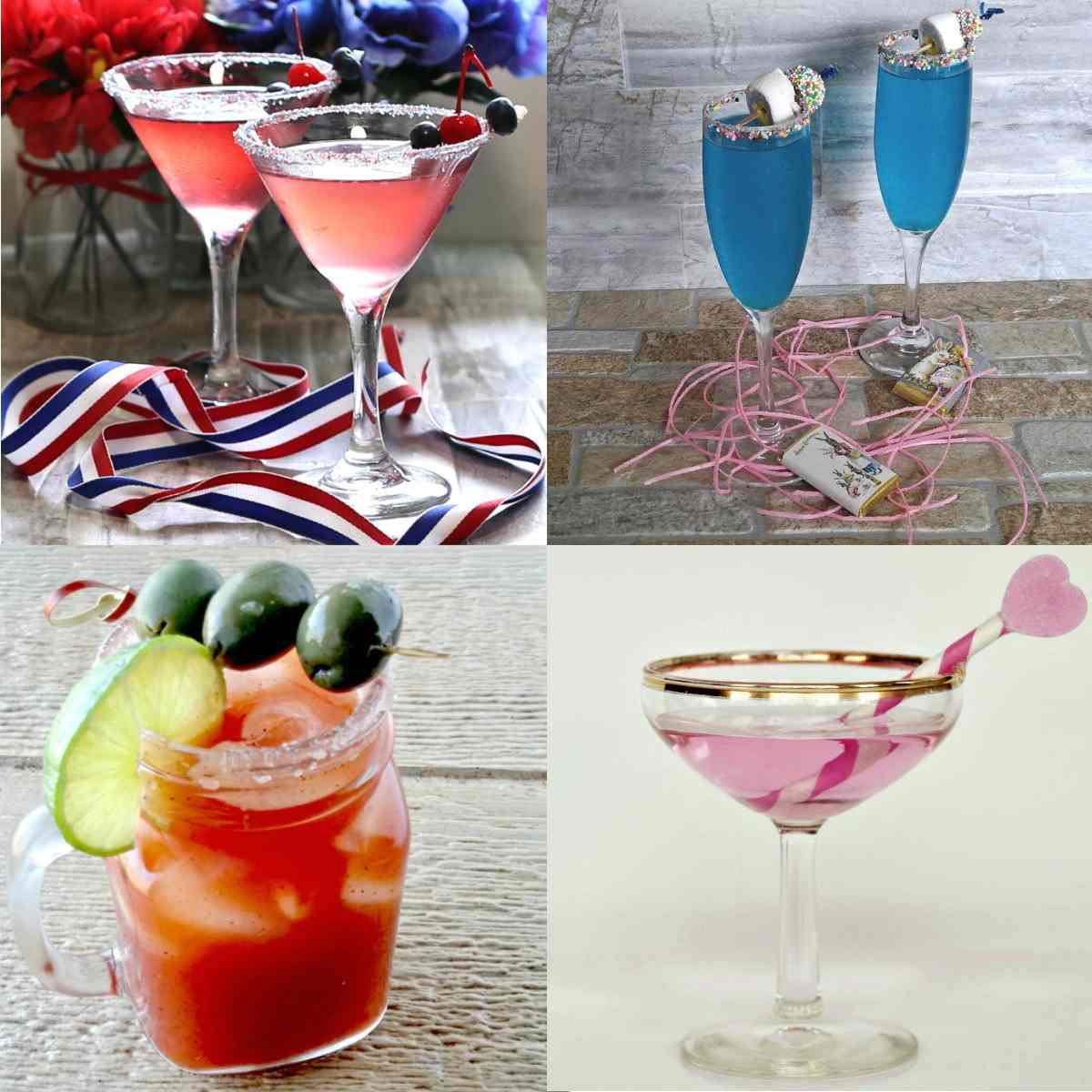 Four cocktails to celebrate the drinking holidays of the year Four different cocktails to represent the drinking holidays of the year from top left clockwise there are two cosmopolitans for the 4th of July, then two midnight kiss cocktails for Easter, then a love potion cocktail for Valentine's Day, then a Michelada for Cinco de Mayo.