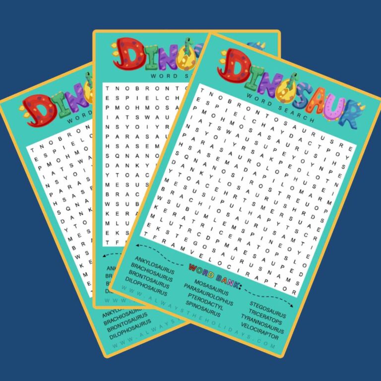 Three free dinosaur word search printables fanned out across a dark blue background.