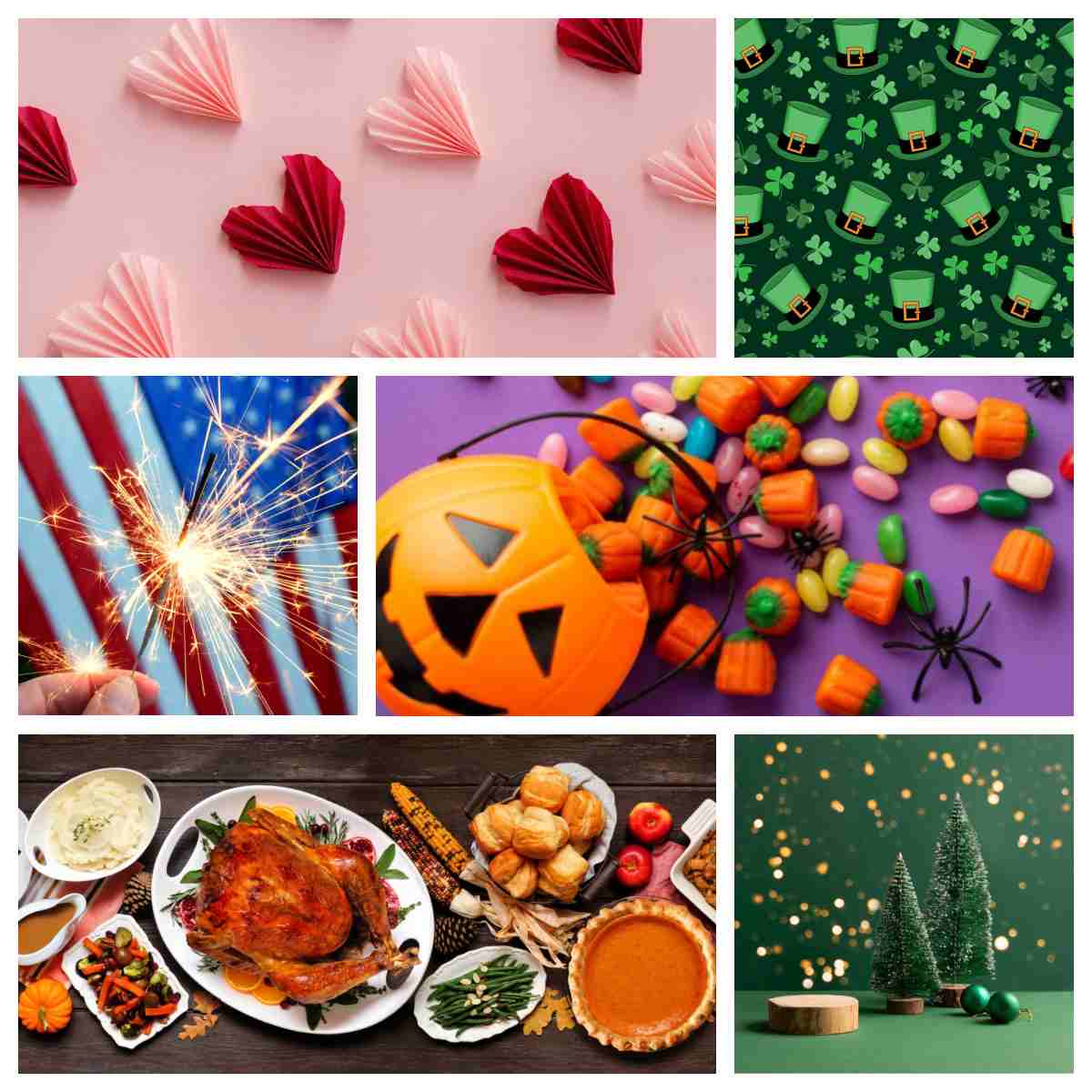 Holiday collage A holiday collage featuring six holidays, from top left to bottom right the holidays featured are Valentine's Day with paper hearts on a pink background, St. Patrick's Day with clip art shamrocks and hats, Independence Day with a flag and sparkler, Halloween with a jack o lantern of candy, Thanksgiving with a full table of food, and Christmas with a scene of two bottle brush trees arranged with lights in the background.