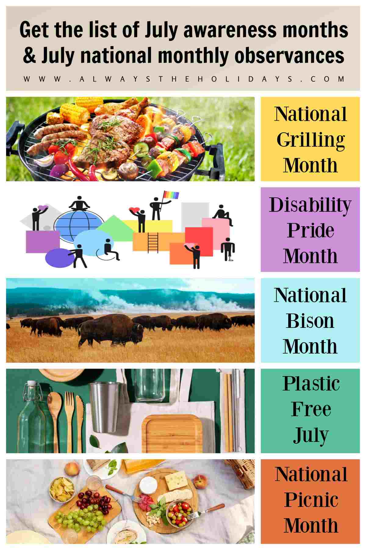 Learn About the July National Months and July Awareness Months A graphic of July awareness months and national July monthly observances with five months featured with an image on the left and the name of the July month celebration on the right, from top to bottom it's a close up image of a grill for National Grilling Month, an illustration of stick figures with different disabilities all together for Disability Pride Month, a herd of bison for National Bison Month, a flatlay of metal, glass and bamboo plastic swaps for Plastic Free July and a close up image of a picnic blanket with styled food on it for National Picnic Month, and a text overlay at the top that says Get the list of July awareness months & July national monthly observances.