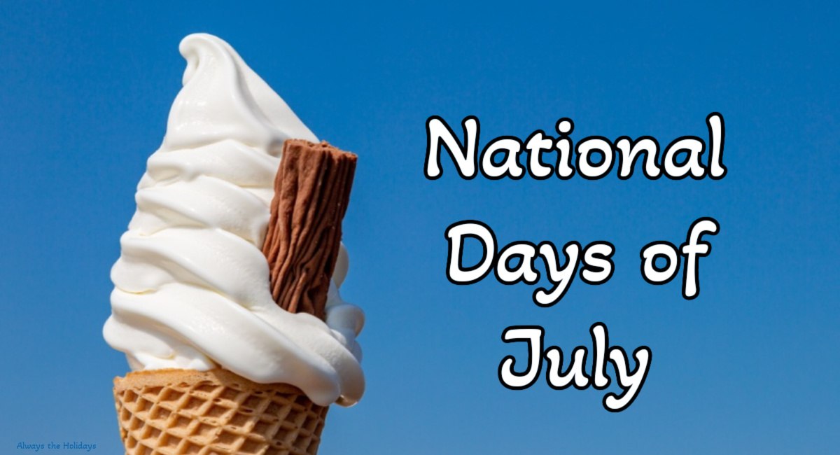 Honor the national days of July with an ice cream cone National Days of July text on picture of a vanilla ice cream cone against the blue sky, with a chocolate wafer placed in the ice cream.